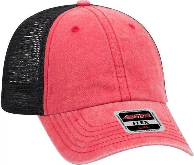 Hat With Superhero Themes-OTTO 169-1264 OTTO Flex 6 Panel Low Profile Garment Washed Pigment Dyed Superior Cotton Twill w/ Soft Polyester Mesh Back Cap - Red Red Black