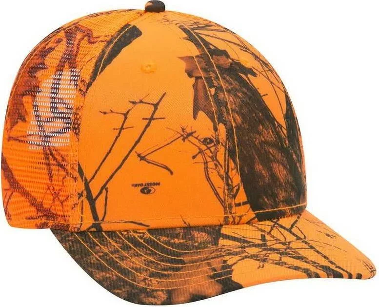 Hat For Hunting-OTTO 171-1292 Mossy Oak Camouflage Superior Polyester Twill 6 Panel Low Profile Mesh Back Baseball Cap - Blaze