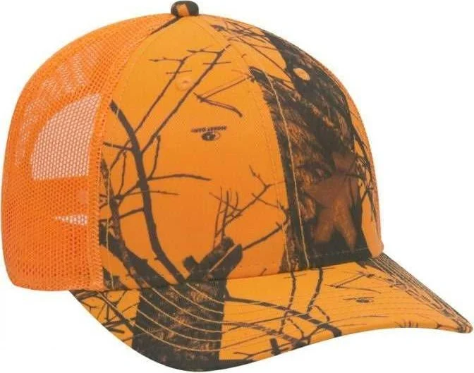 Hat For Rainy Days-OTTO 171-1293  Mossy Oak Camouflage Superior Polyester Twill 6 Panel Low Profile Mesh Back Baseball Cap - Blaze Neon Orange