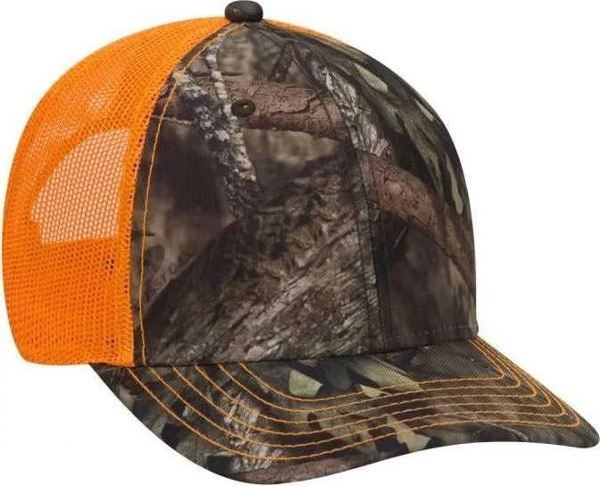 Hat For UV Protection-OTTO 171-1293  Mossy Oak Camouflage Superior Polyester Twill 6 Panel Low Profile Mesh Back Baseball Cap - Break Up Country Neon Orange