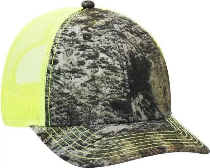 Hat For Fall-OTTO 171-1293  Mossy Oak Camouflage Superior Polyester Twill 6 Panel Low Profile Mesh Back Baseball Cap - Mountain Country Range Neon Yellow