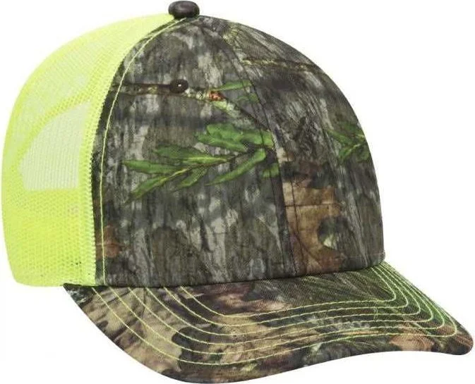 Hat For Winter-OTTO 171-1293  Mossy Oak Camouflage Superior Polyester Twill 6 Panel Low Profile Mesh Back Baseball Cap - Obsession Neon Yellow