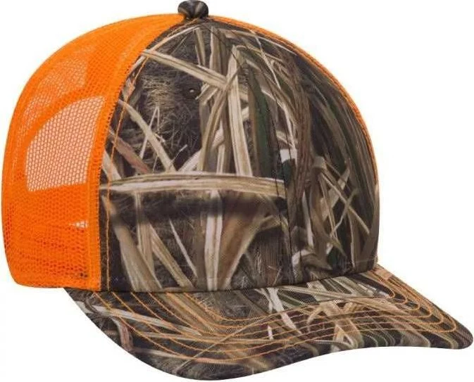 Hat For Long Hair-OTTO 171-1293  Mossy Oak Camouflage Superior Polyester Twill 6 Panel Low Profile Mesh Back Baseball Cap - Shadow Grass Blades Neon Orange