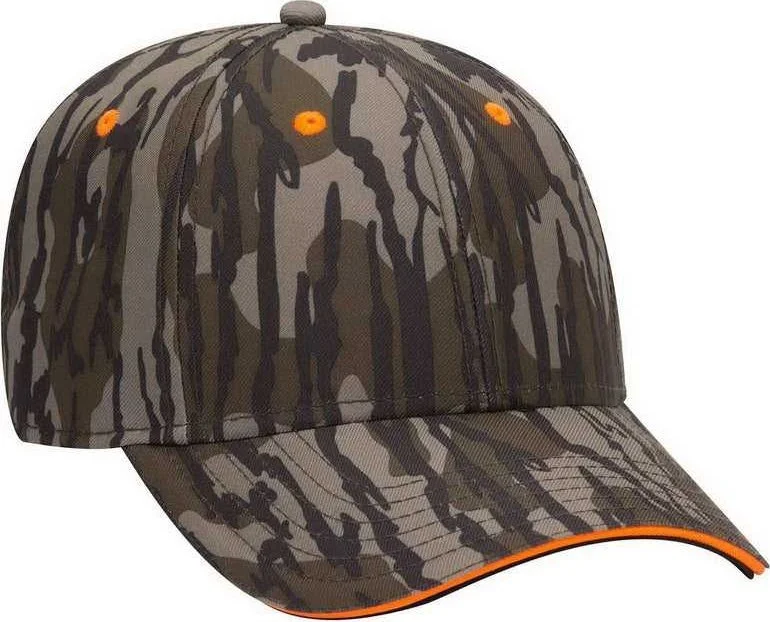 Hat For Curly Hair-OTTO 171-1294  Mossy Oak Camouflage Superior Polyester Twill Sandwich Visor 6 Panel Low Profile Baseball Cap - Bottomland