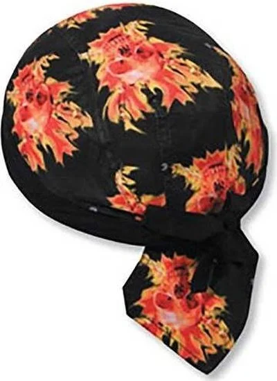 Hat With Classic Fedora Shape-OTTO 98-595 Printed Design Cotton Poplin Biker Style Head Wraps with Fabric Adjustable Hook - Design Black 1303