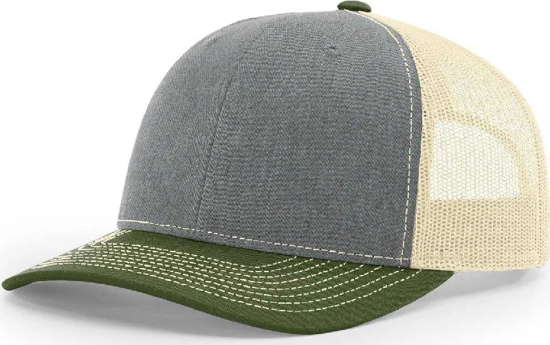 Hat With Ventilation-Richardson 112 Snapback Trucker Cap - Heather Grey/ Birch/ Army Olive