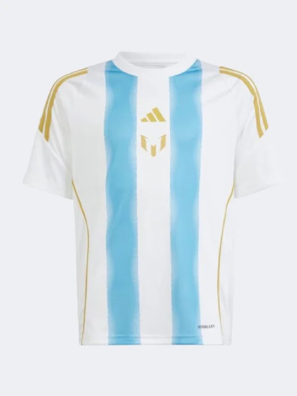 T-Shirt With Music Band Logos-Adidas Pitch 2 Street Messi Kids Unisex Football T-Shirt White/Blue Burst