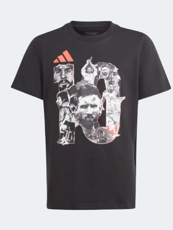 T-Shirt With Frayed Edges-Adidas Messi Graphic Kids Boys Football T-Shirt Black/Grey/Orange