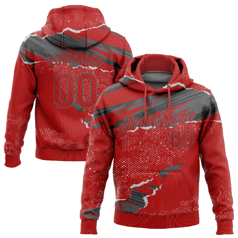 T-Shirt For Business Casual-Custom Stitched Red Steel Gray 3D Pattern Design Torn Paper Style Sports Pullover Sweatshirt Hoodie