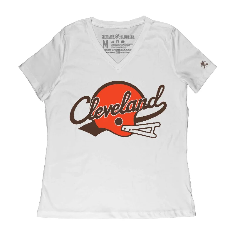 T-Shirt For Kids-Cleveland Script Helmet - Womens Relaxed Fit Vneck T-Shirt