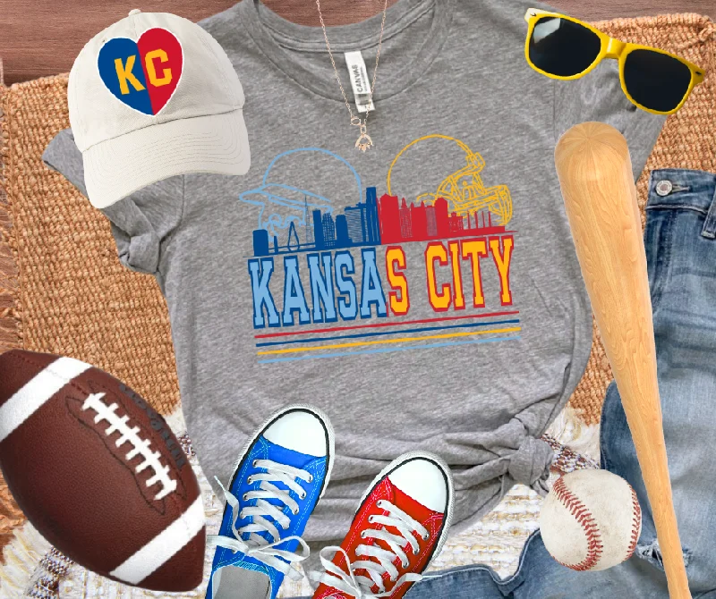 T-Shirt With Eco-Friendly Fabric-Kansas City Baseball & Football Combo Skyline Grey Tee