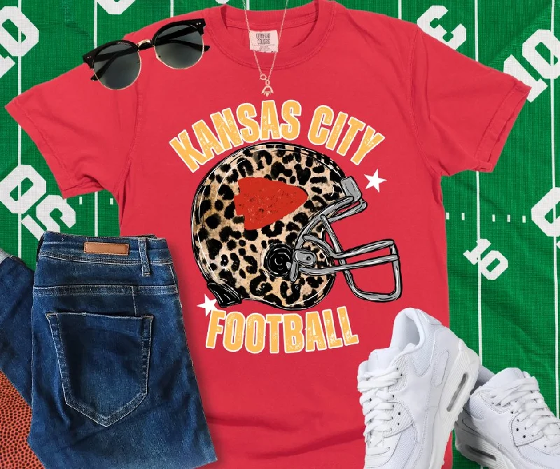 T-Shirt For Electricians-Kansas City Football Leopard Helmet Red Tee