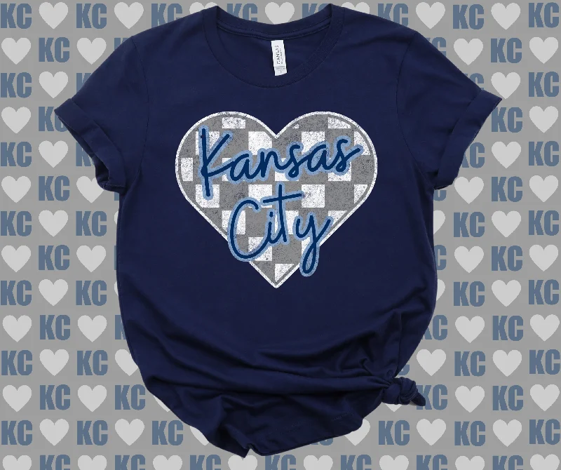 T-Shirt With Heavyweight Cotton-Kansas City Soccer Checkered Heart Navy Tee