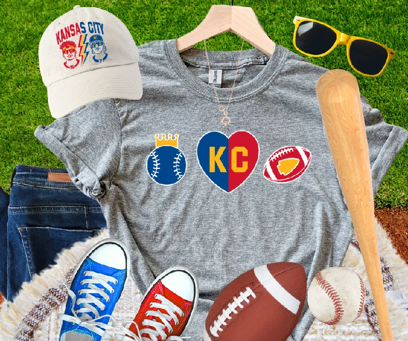 T-Shirt With Anti-Odor Technology-KC Baseball & Football Combo Baseball Split Heart Football Grey Tee