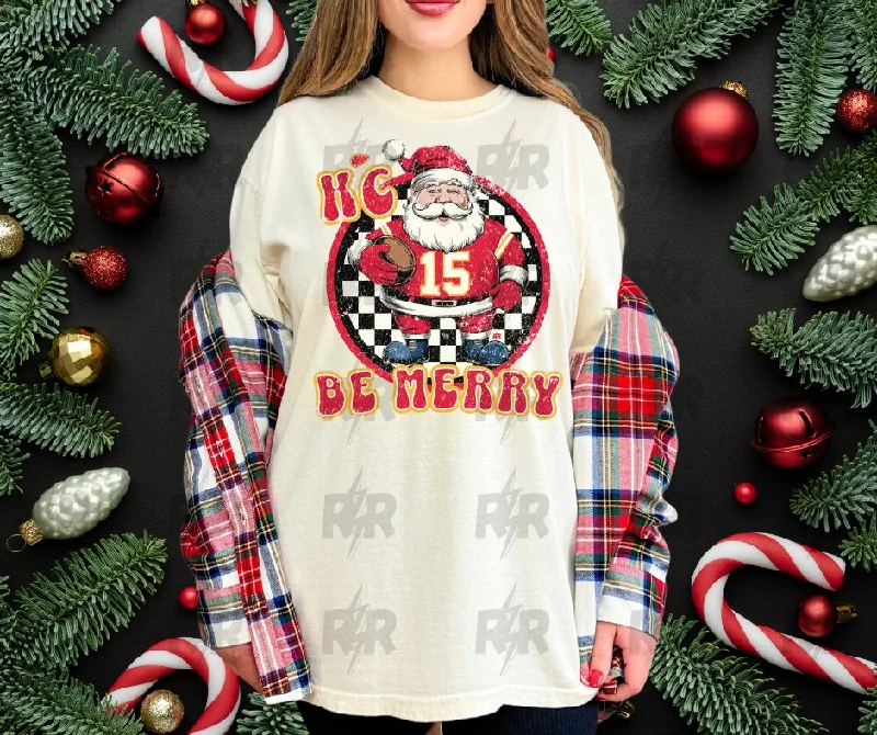 T-Shirt For School Uniforms-KC Be Merry Checkered Santa Circle Cream Tee