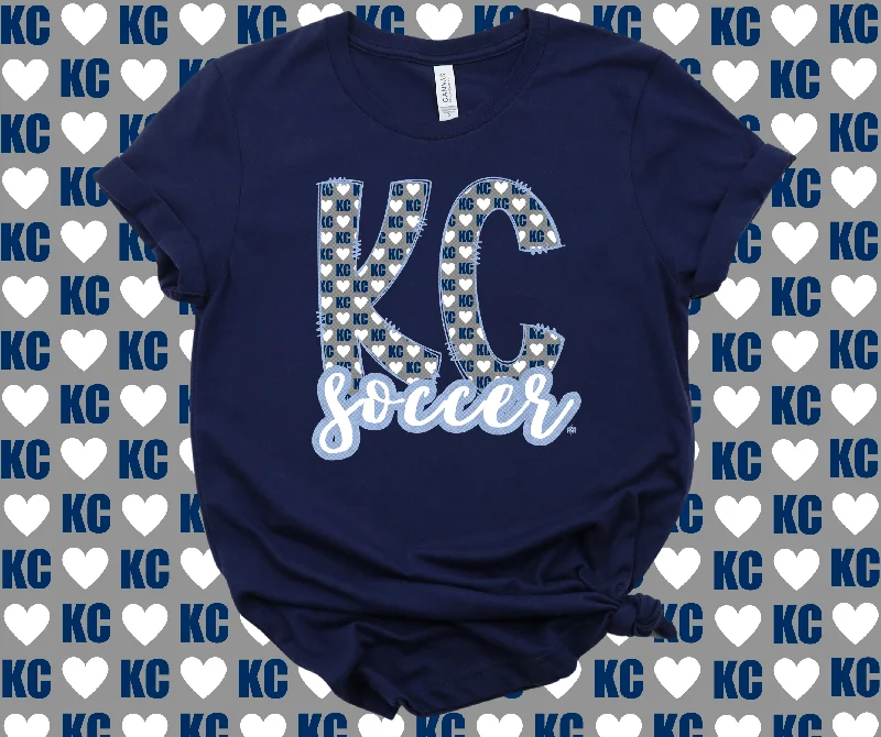 T-Shirt For Teachers-KC Soccer Heart Pattern Doddle Letters Navy Tee