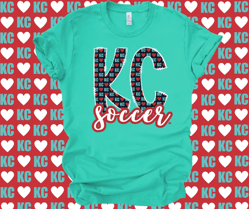 T-Shirt With Round Neck-KC Soccer Heart Pattern Doddle Letters Teal Tee