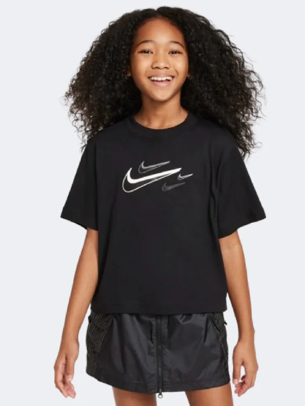 T-Shirt With Hoodie-Nike Sportswear Boxy Swoosh Logo Girls Lifestyle T-Shirt Black/White/Grey